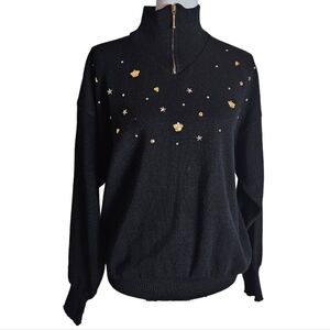 Vintage Meister Black Wool Blend Sweater Sz L Gold Star Crown Studded 1/4 Zip